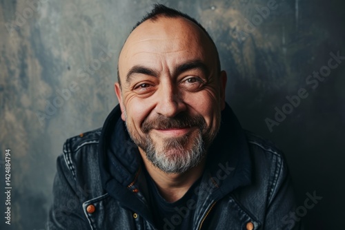 Portrait of a handsome mature man with a beard in a denim jacket.