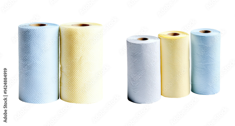 Two Sets of Rolled Paper Towels on Transparent Background for Cleaning