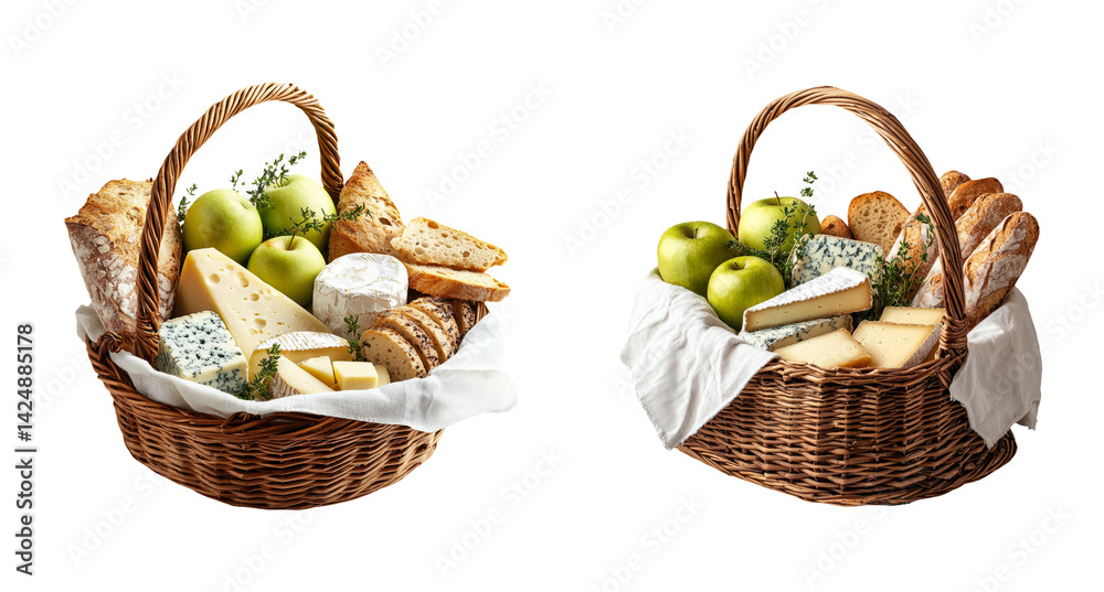Assorted Cheese and Green Apple Baskets with Rustic Bread on Transparent Background