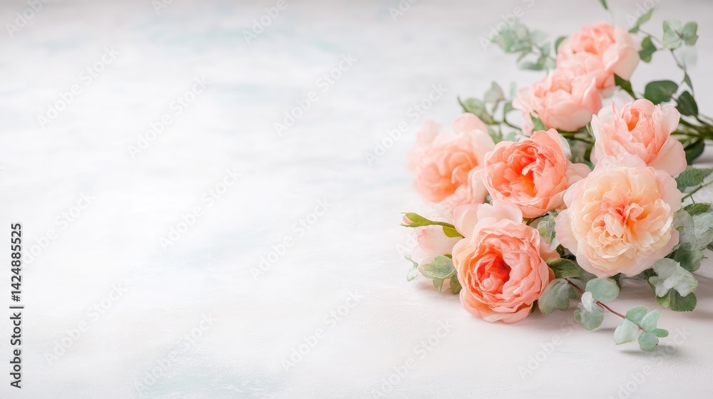 Peach Roses with Eucalyptus, Soft Romantic Style, High-Quality Soft Lighting, Horizontal Wide Shot, Delicate Petals, Floral Display, White Background, Pale Pink Hues, Ideal for Wedding Invitations Peach Roses with Eucalyptus, Soft Romantic Style, High-Quality Soft Lighting, Horizontal Wide Shot, Delicate Petals, Floral Display, White Background, Pale Pink Hues, Ideal for Wedding Invitations