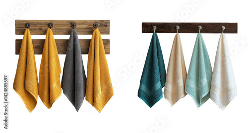Obraz na płótnie Set of Colorful Kitchen Towels Hanging on Wooden Rack on a Transparent Background w salonie