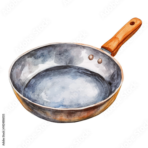 Non‑stick frying pan with wooden handle, watercolor illustration, isolated on a white background.

