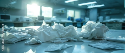 Fluorescent light, scattered tissues on sterile table, clinical ambiance, unseen animal patient.