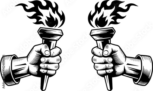 Monochrome Armored Hand Gripping Burning Torch - Bold Graphic Tattoo-Style Illustration