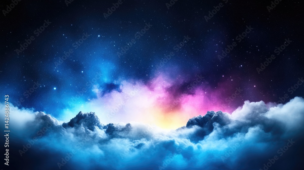Celestial Mountainscape Starry Night Dreamlike digital art High resolution panoramic view ethereal cloudscape Peaceful serenity cosmic expanse Vibrant nebulae perfect for fantasy artwork Celestial Mountainscape Starry Night Dreamlike digital art High resolution panoramic view ethereal cloudscape Peaceful serenity cosmic expanse Vibrant nebulae perfect for fantasy artwork