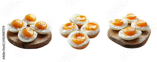Obraz na płótnie Deliciously Cooked Egg Yolks on Rustic Wooden Serving Boards w salonie