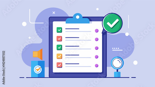 A digital checklist using animated graphics and interactive buttons for users to track their progress while listening. Vector illustration