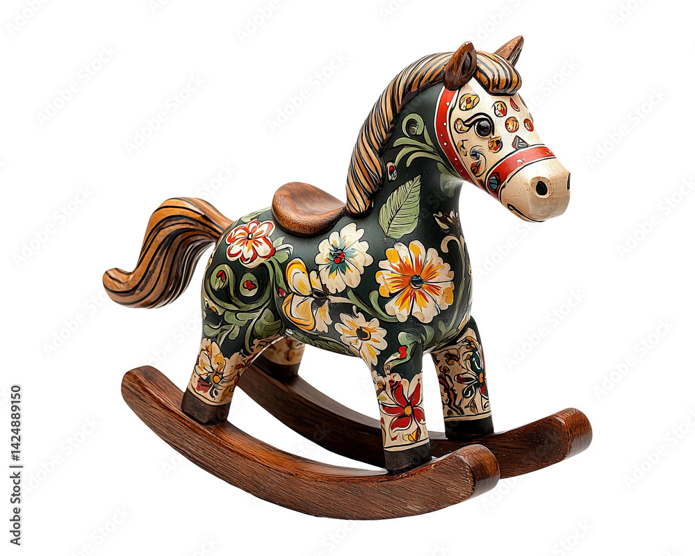 Colorful Wooden Rocking Horse Toy with Floral Design and Transparent Background