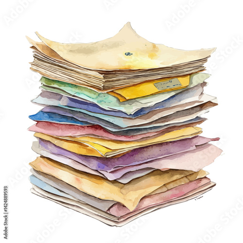 Neat stack of printer paper, watercolor illustration, isolated on a white background.


