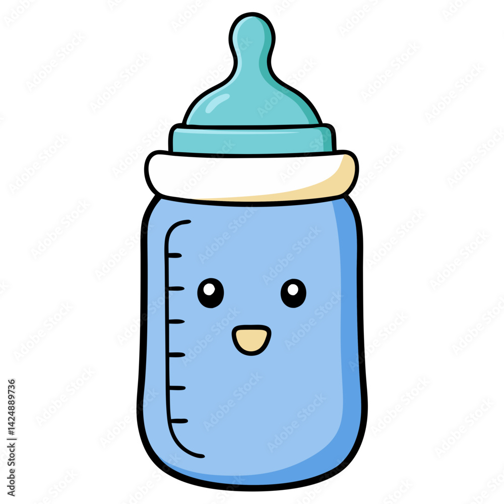 Cute cartoon baby bottle with a smiling face in blue Cute cartoon baby bottle with a smiling face in blue