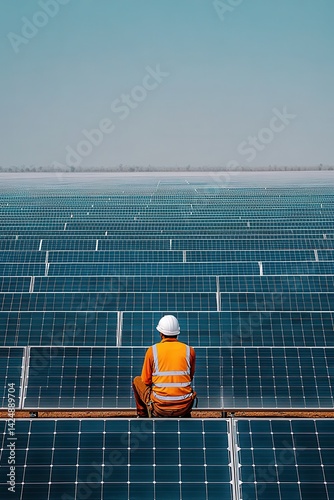 A worker surveys a vast solar farm, highlighting renewable energy and sustainable power generation under a clear blue sky