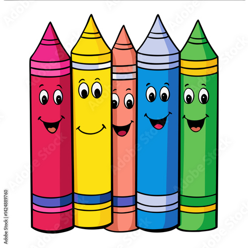 Colorful smiling crayons in a cheerful arrangement  