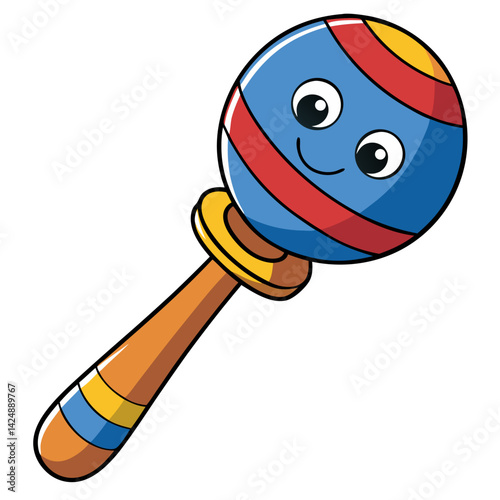 Smiling rattle toy with colorful stripes on a transparent background  