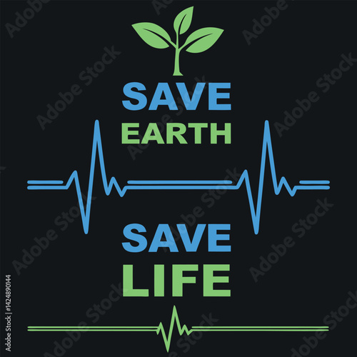 Save Earth Save Life Environmental Heartbeat Graphic T-Shirt.