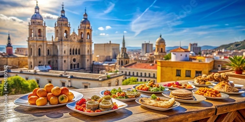 Fototapeta Naklejka Na Ścianę i Meble -  Malaga Cathedral Rooftop Tapas:  Sunlight & Andalusian Cuisine