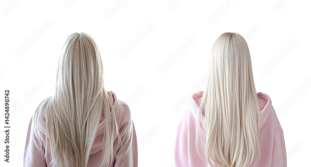 Long Silky Straight Hair on Models with Pink Hoodies on Transparent Background
