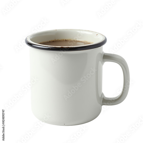 Vintage enamel mug filled with hot beverage. photo