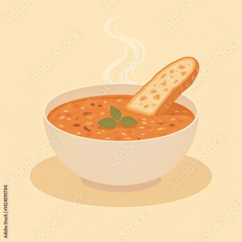 Delicious Tomato Soup in Bowl with Bread