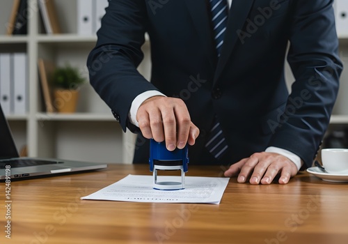 Businessperson stamping document approval official process close up