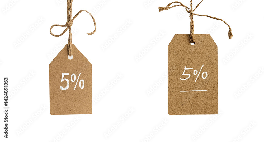 Brown Paper Tags with Discount Percentage on Transparent Background