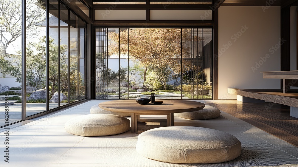 D interior of modern Japanese tea room with low table and round pillows on clean floor, peaceful ambiance