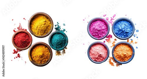 Vibrant Colored Powders in Bowls on Transparent Background