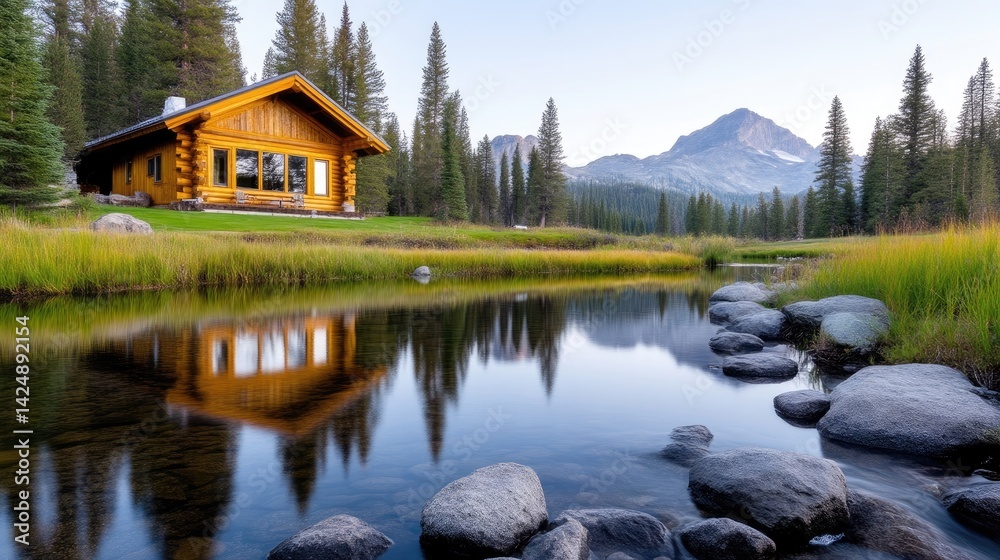 Fototapeta premium Rustic cabin reflecting on a tranquil mountain stream