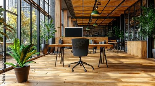 D render of modern loft office featuring organic textures, wood planks, and nature-inspired decor, with forest view