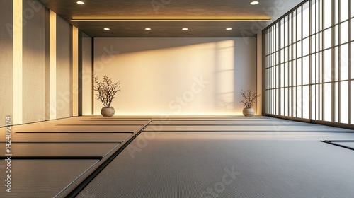 D rendering of empty modern Japanese-style room with clean walls and tatami mat flooring, minimalist interior design with soft lighting