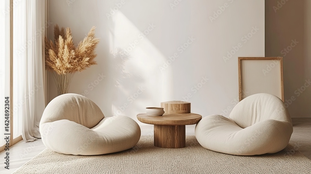 D visualization of clean, uncluttered room with tatami flooring, wooden frame accents, and soft neutral color palette
