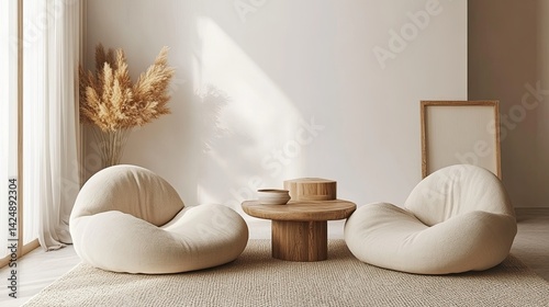 Obraz na płótnie D visualization of clean, uncluttered room with tatami flooring, wooden frame accents, and soft neutral color palette w salonie