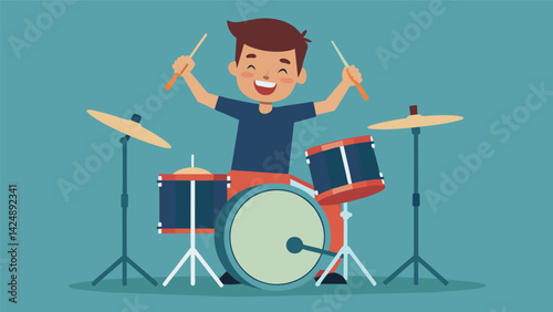 A drummer enthusiastically trying out a used drum set tapping out different rhythms with a satisfied smile on his face.. Vector illustration