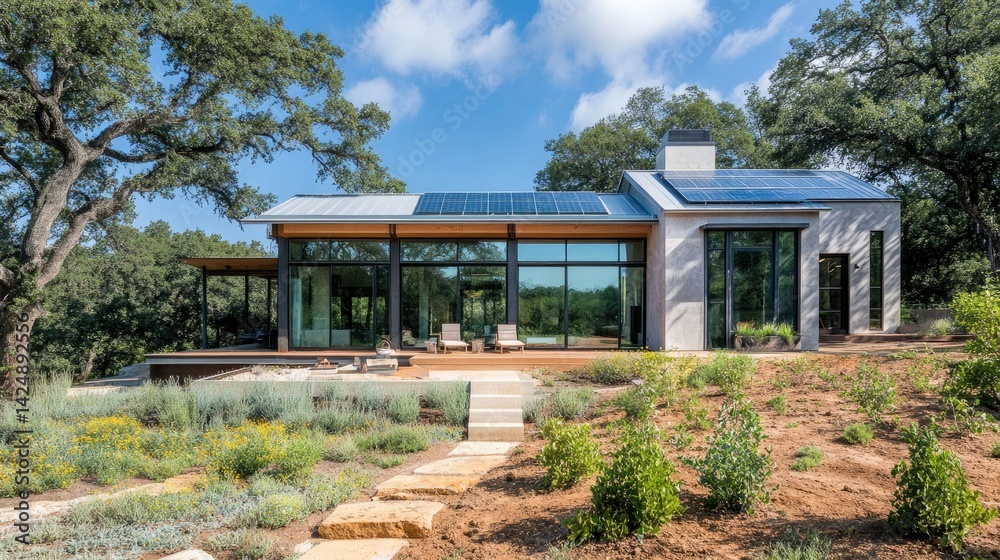 A modern solar home with green outdoor space, native shrubs, and large windows enhancing natural lighting and energy savings