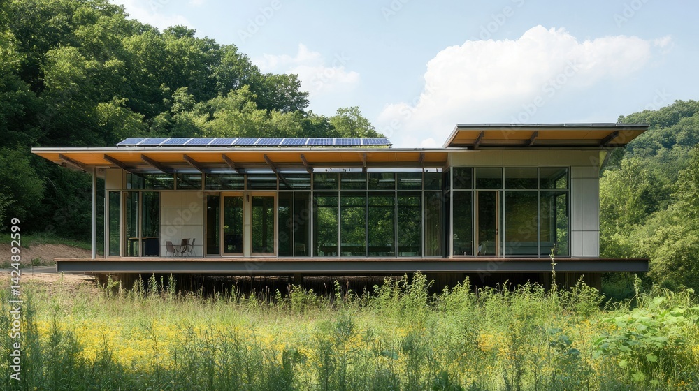 A modern sustainable home surrounded by native vegetation, with solar energy panels and large open windows for passive solar lighting