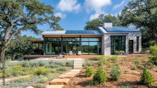 Obraz na płótnie A modern solar home with green outdoor space, native shrubs, and large windows enhancing natural lighting and energy savings w salonie