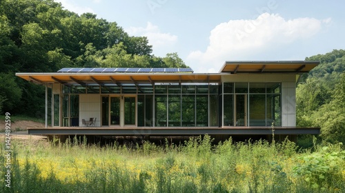 Obraz na płótnie A modern sustainable home surrounded by native vegetation, with solar energy panels and large open windows for passive solar lighting w salonie