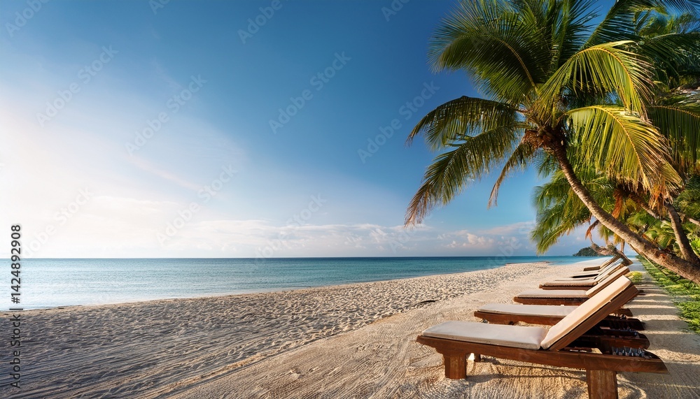 Obraz premium Summer beach scenery, palms and sun beds with sea view. Tropical beach