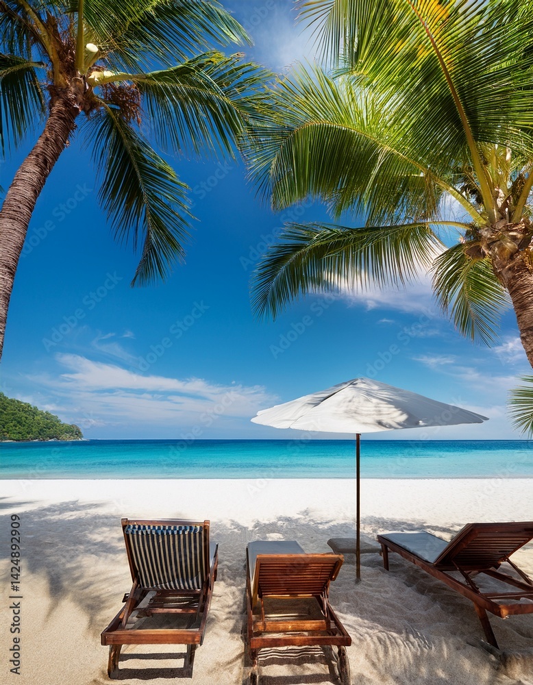 Fototapeta premium Summer beach scenery, palms and sun beds with sea view. Tropical beach