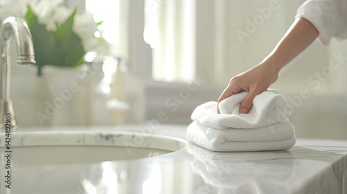 Obraz na płótnie Anonymous housekeeper cleaning white marble countertop in hotel bathroom, clean and calm atmosphere w salonie