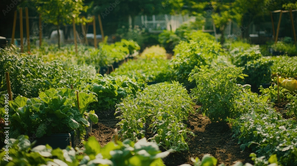 Aromatic plants like mint and rosemary growing beside vegetables on a rooftop garden, showcasing eco-living in the city Aromatic plants like mint and rosemary growing beside vegetables on a rooftop garden, showcasing eco-living in the city