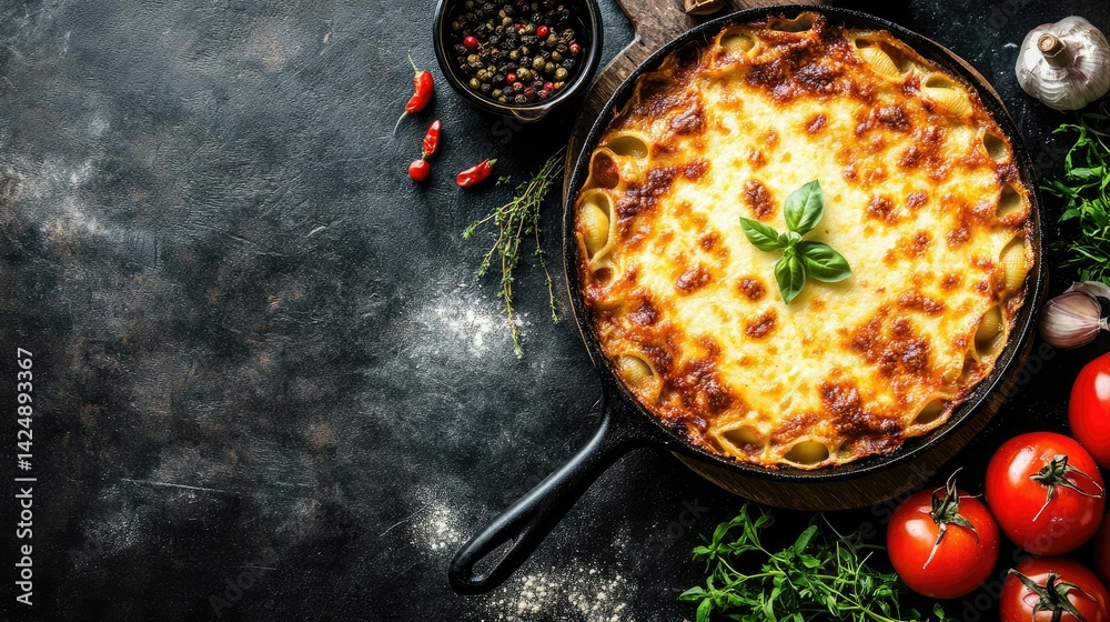 Baked pasta shells stuffed with lasagna filling, cheese bubbling in cast iron pan, top view layout with clean space for overlay