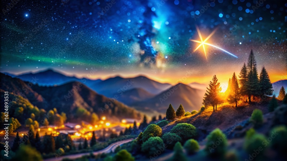 Naklejka premium Miniature Shooting Star Night Sky, Tilt-Shift Fantasy Landscape Photo