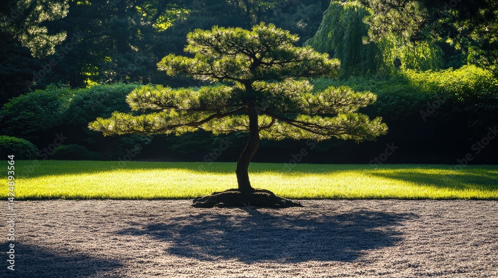 Beautiful Japanese pine tree with soft morning light casting gentle shadows on the ground, tranquil and serene nature scene