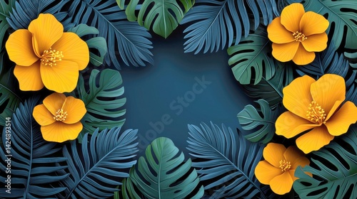 Vibrant Yellow Hibiscus Flowers and Tropical Leaves