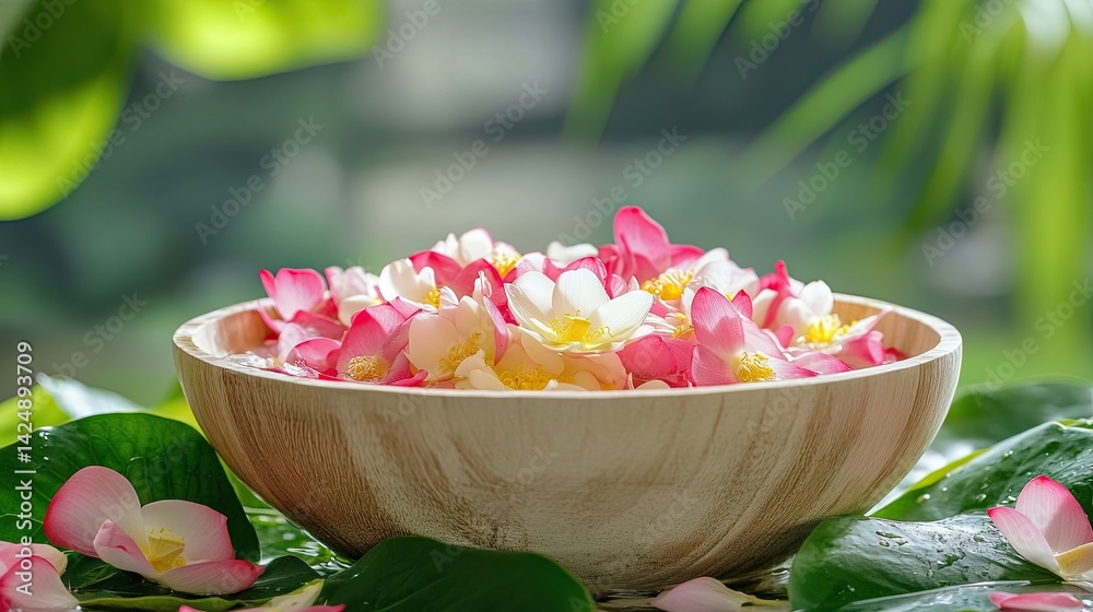 Beautiful Thai scented water bowl for Songkran, decorated with fresh petals, lotus leaves, and jasmine garland on white wood