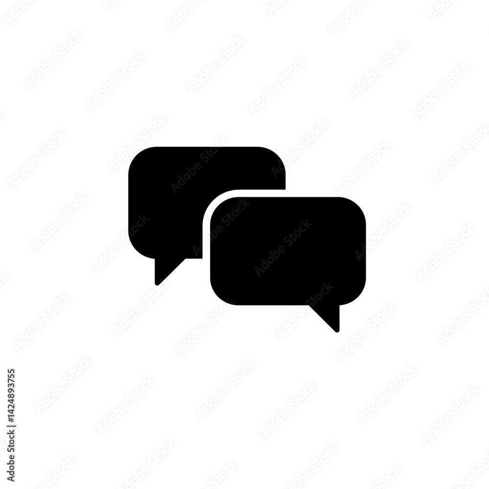 Vector black silhouette icon of two overlapping chat bubbles with pointed tails, one larger and one smaller, shown in minimal flat style Vector black silhouette icon of two overlapping chat bubbles with pointed tails, one larger and one smaller, shown in minimal flat style