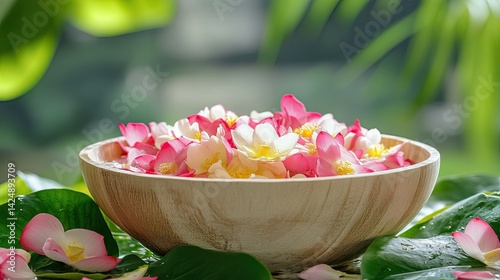Obraz na płótnie Beautiful Thai scented water bowl for Songkran, decorated with fresh petals, lotus leaves, and jasmine garland on white wood w salonie