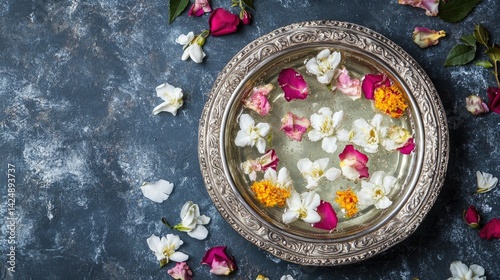 Obraz na płótnie Beautiful top-down view of floral water in silver bowl, featuring jasmine, marigold, and rose petals for Thai Songkran Festival w salonie