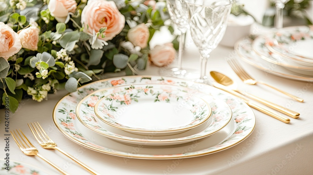 Beautifully styled wedding table with soft floral decor, chic dinner plates, and gold-toned cutlery