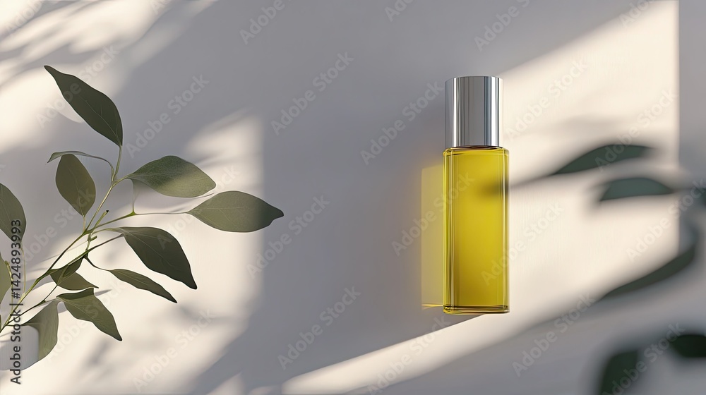 Beauty oil bottle mockup filled with coconut oil, placed on clean white background with soft lighting